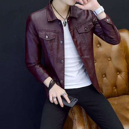 Amazon men's youth lapel leather jacket Korean Slim motorcycle pu leather men's coat men's hair