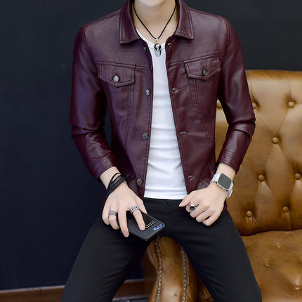 Amazon men's youth lapel leather jacket Korean Slim motorcycle pu leather men's coat men's hair