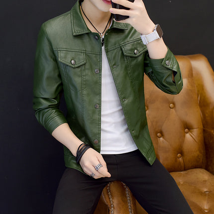 Amazon men's youth lapel leather jacket Korean Slim motorcycle pu leather men's coat men's hair