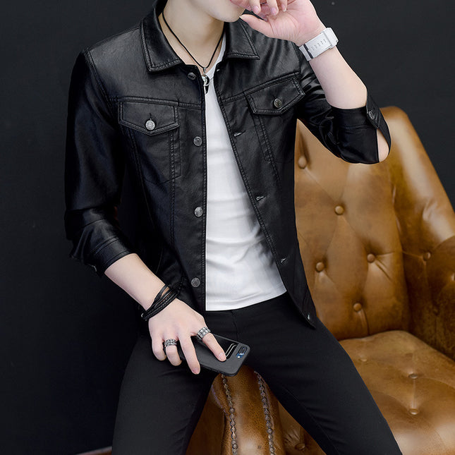 Amazon men's youth lapel leather jacket Korean Slim motorcycle pu leather men's coat men's hair