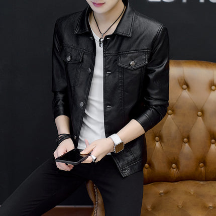 Amazon men's youth lapel leather jacket Korean Slim motorcycle pu leather men's coat men's hair