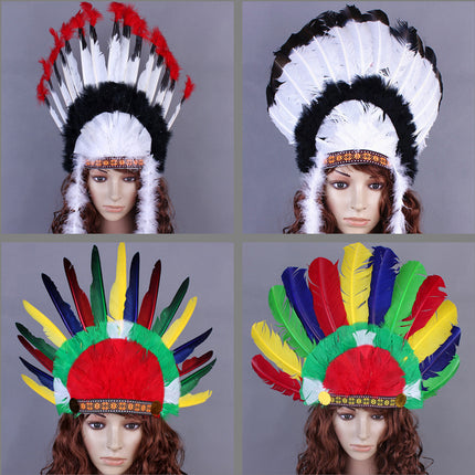 1Halloween Savage Cos Feather Headdress Indian Feather Headdress Red White Black Feather Indian Chief Cap