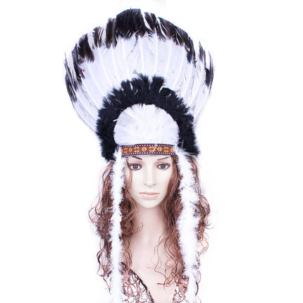 1Halloween Savage Cos Feather Headdress Indian Feather Headdress Red White Black Feather Indian Chief Cap