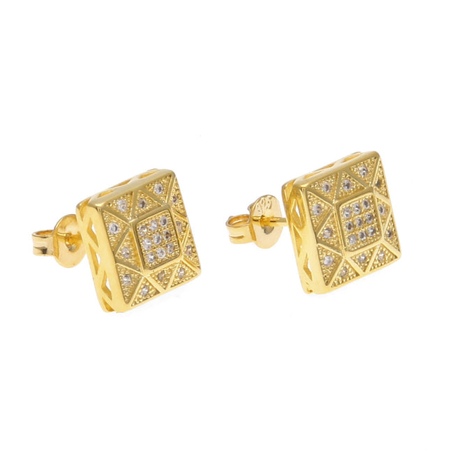 Cross-Border Supply European and American Hip-Hop Trendy Brand Copper Gold-Plated Square Micro-Paved Zircon Earrings Hiphop Earring