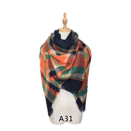 Cross-Border European and American Autumn and Winter Colorful Imitation Cashmere Plaid Square Scarf Plus Double-Sided Brushed Scarf and Shawl