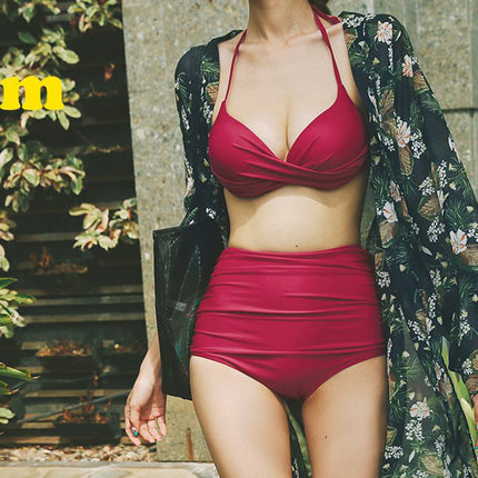 New Hot Spring Swimsuit for Women with Underwire Split Large and Small Breasts Gathered Sexy Push-Up Beach Hot Spring Vacation Swimsuit for Women
