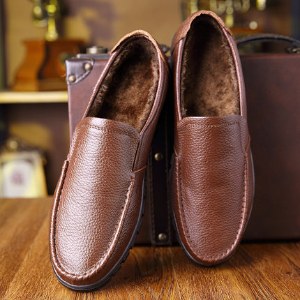 2025 Winter Casual Men's Shoes fleece-lined Leather Business Shoes Slip-in Warm Leather Shoes Wenzhou Shoes 8823