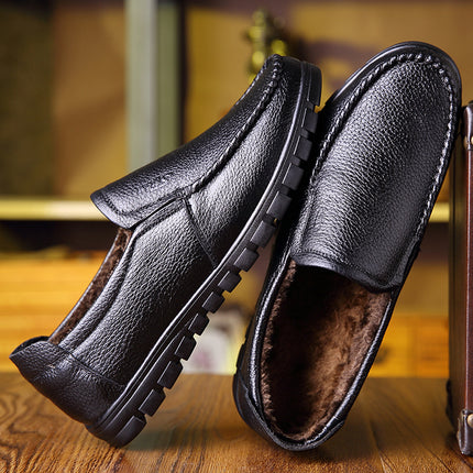 2025 Winter Casual Men's Shoes fleece-lined Leather Business Shoes Slip-in Warm Leather Shoes Wenzhou Shoes 8823