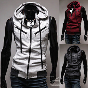 2019 Summer Men's Hooded Vest with Hood Slim-Fit Vest Wine Red Multi-Zipper College Style Knitted Wz10a