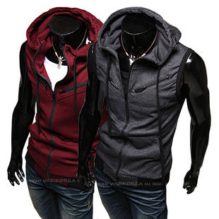 2019 Summer Men's Hooded Vest with Hood Slim-Fit Vest Wine Red Multi-Zipper College Style Knitted Wz10a