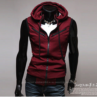 2019 Summer Men's Hooded Vest with Hood Slim-Fit Vest Wine Red Multi-Zipper College Style Knitted Wz10a