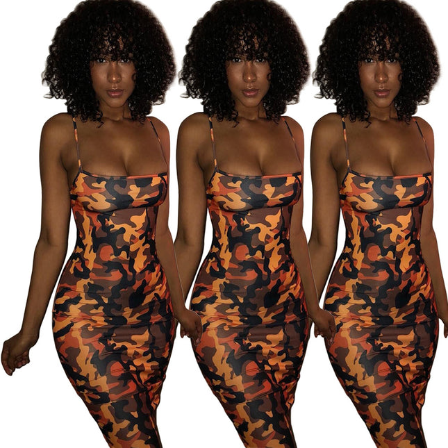 In Stock! Cross-Border Supply Amazon Hot Product Wish European and American Sexy Slim Hip-Hugging Camouflage Dress