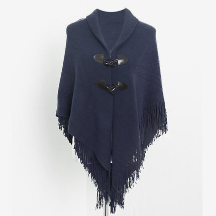 Autumn and Winter New Shawl Cloak Tassel Horn Button Pure Color Asymmetrical Double Layer Tassel Cloak Shawl Warm and Thickeneded