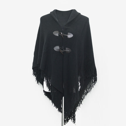 Autumn and Winter New Shawl Cloak Tassel Horn Button Pure Color Asymmetrical Double Layer Tassel Cloak Shawl Warm and Thickeneded