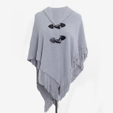 Autumn and Winter New Shawl Cloak Tassel Horn Button Pure Color Asymmetrical Double Layer Tassel Cloak Shawl Warm and Thickeneded