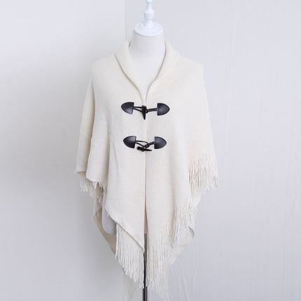 Autumn and Winter New Shawl Cloak Tassel Horn Button Pure Color Asymmetrical Double Layer Tassel Cloak Shawl Warm and Thickeneded