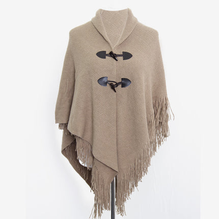 Autumn and Winter New Shawl Cloak Tassel Horn Button Pure Color Asymmetrical Double Layer Tassel Cloak Shawl Warm and Thickeneded