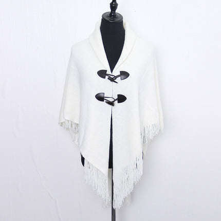 Autumn and Winter New Shawl Cloak Tassel Horn Button Pure Color Asymmetrical Double Layer Tassel Cloak Shawl Warm and Thickeneded