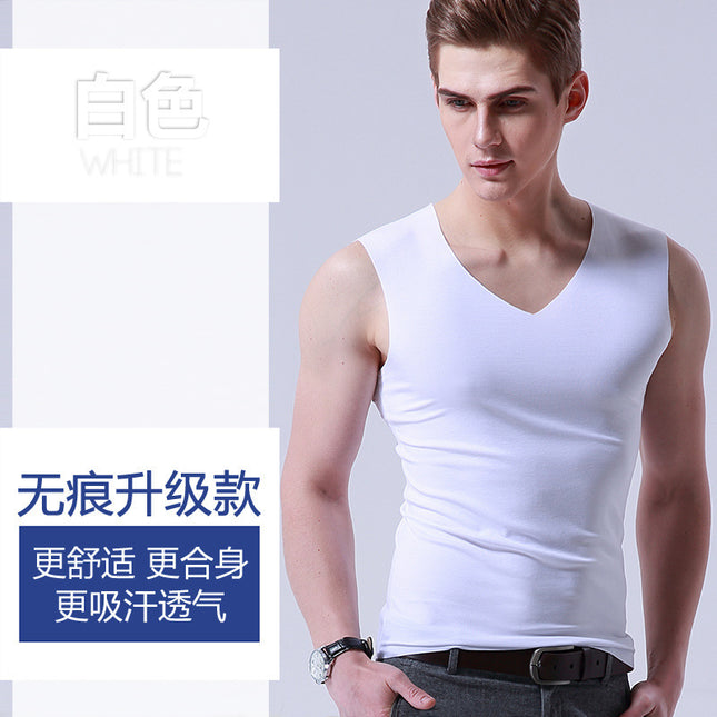 Men's Ice Silk Seamless Vest, White, Summer, Tight-Fitting, Wide Shoulder, V-Neck, Sports, Sleeveless, Thin Base Layer, One-Piece Drop Shipping