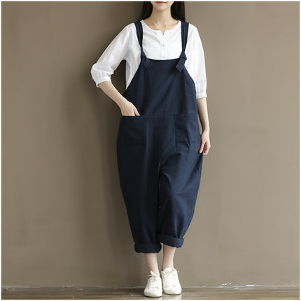 Factory direct supply of European and American plus size literature retro dark blue sanding cotton strap casual pants women 1701