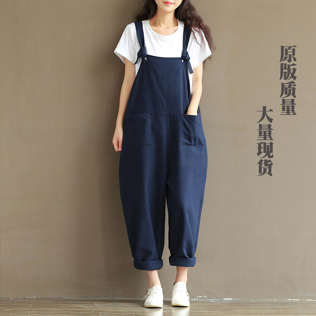 Factory direct supply of European and American plus size literature retro dark blue sanding cotton strap casual pants women 1701