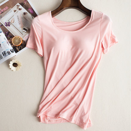 bra-t Bra with Chest Pad No Steel Ring Wear-Free Bra Bra with Chest Pad Cup Integrated Yoga Sports T-shirt Short Sleeve Summer and Autumn
