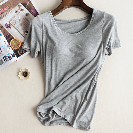 bra-t Bra with Chest Pad No Steel Ring Wear-Free Bra Bra with Chest Pad Cup Integrated Yoga Sports T-shirt Short Sleeve Summer and Autumn