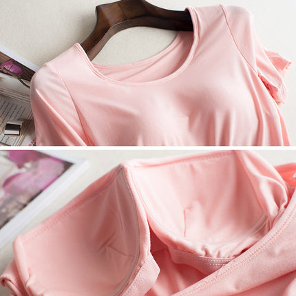 bra-t Bra with Chest Pad No Steel Ring Wear-Free Bra Bra with Chest Pad Cup Integrated Yoga Sports T-shirt Short Sleeve Summer and Autumn