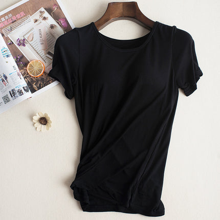 bra-t Bra with Chest Pad No Steel Ring Wear-Free Bra Bra with Chest Pad Cup Integrated Yoga Sports T-shirt Short Sleeve Summer and Autumn