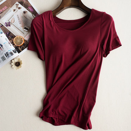 bra-t Bra with Chest Pad No Steel Ring Wear-Free Bra Bra with Chest Pad Cup Integrated Yoga Sports T-shirt Short Sleeve Summer and Autumn