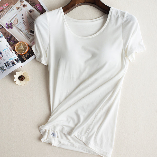 bra-t Bra with Chest Pad No Steel Ring Wear-Free Bra Bra with Chest Pad Cup Integrated Yoga Sports T-shirt Short Sleeve Summer and Autumn