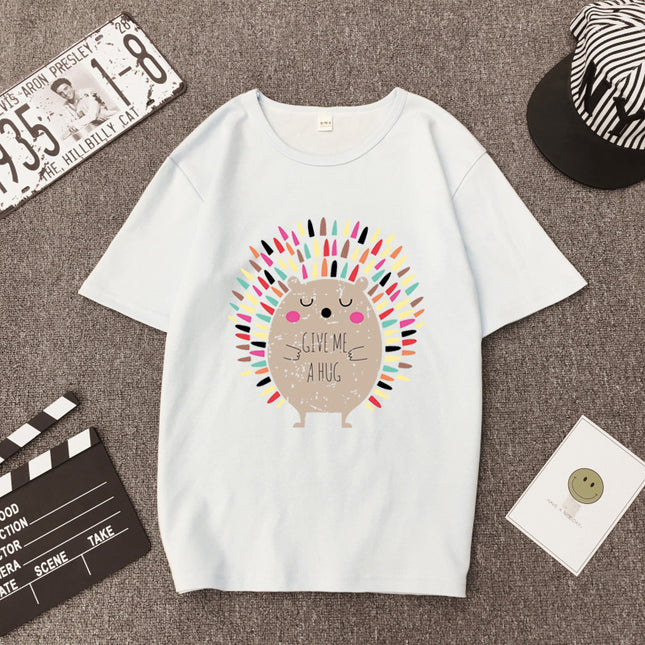 Women's short-sleeved T-shirt Spring New plus size color printed hedgehog student top Korean style fashionable all-matching loose T-shirt