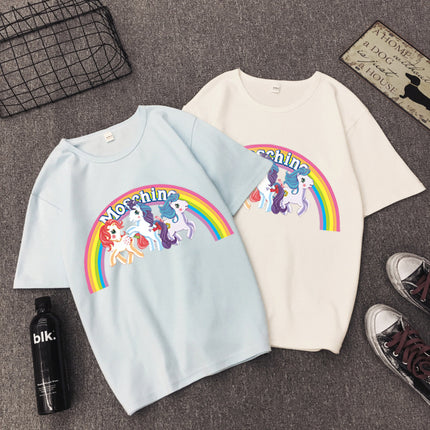 Star Tong Liya Unicorn Rainbow Pony T-shirt Loose Short-sleeved 2022 Spring and Summer New for Men and Women Couple