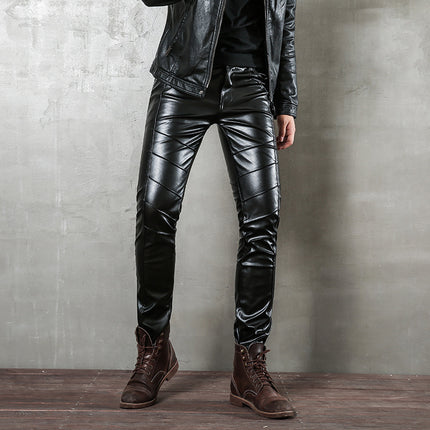 Punk Autumn Fashion Men's Korean Style Slim-fit Leggings Motorcycle Zipper Half Leather Casual Teenage Stitching Tight Leather Trendy Pants