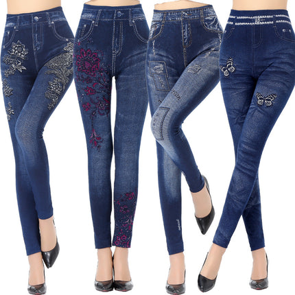 Korean Style New Ripped Heart Flower Leggings Cotton Seamless Printed Tight Imitation Denim Blue Nine-Point Pants