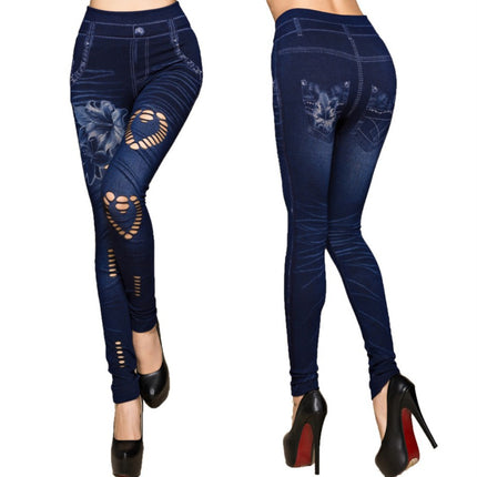 Korean Style New Ripped Heart Flower Leggings Cotton Seamless Printed Tight Imitation Denim Blue Nine-Point Pants