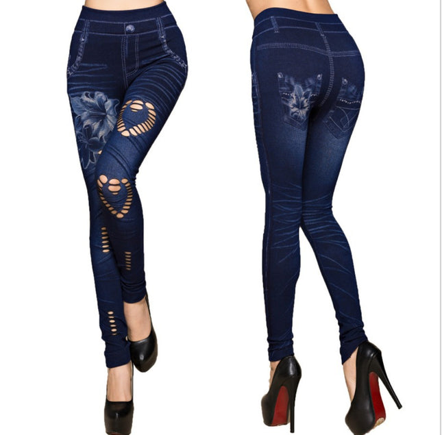 Korean Style New Ripped Heart Flower Leggings Cotton Seamless Printed Tight Imitation Denim Blue Nine-Point Pants