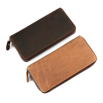 Crazy Horse Leather Men's Wallet Long Genuine Leather Mobile Phone Bag Zipper Hand Bag First Layer Cowhide Horizontal Business Retro Wallet