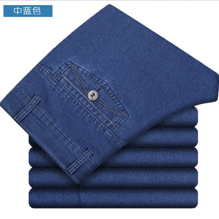 Summer Thin Men's Jeans High Elastic High Waist Loose Straight Pants Middle-aged and Elderly Business Casual Men's Pants