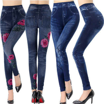 Korean Style New Ripped Heart Flower Leggings Cotton Seamless Printed Tight Imitation Denim Blue Nine-Point Pants