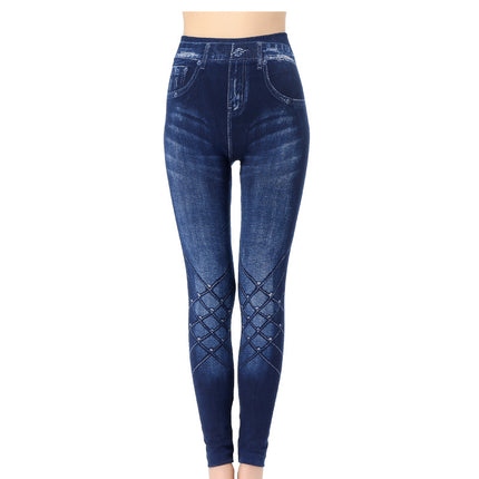 Korean Style New Ripped Heart Flower Leggings Cotton Seamless Printed Tight Imitation Denim Blue Nine-Point Pants
