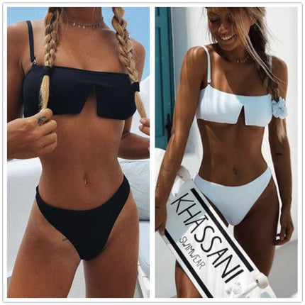 BIKINI 2022 European and American split solid color sexy swimsuit BIKINI bandeau inverted V-shaped swimsuit
