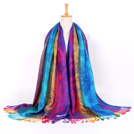 Ethnic Style Women's Vintage Jacquard Scarf Jacquard Cotton Feather Travel Spring and Autumn Long Shawl Warm Air Conditioning D01