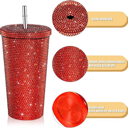 500ml Diamond Thermos Bottles Straw Cup With Lid Rhinestone Stainless Steel Double Layer Thermos Cups Glitter Cup Water Bottle