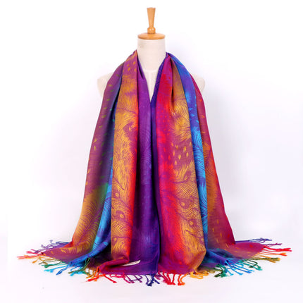 Ethnic Style Women's Vintage Jacquard Scarf Jacquard Cotton Feather Travel Spring and Autumn Long Shawl Warm Air Conditioning D01