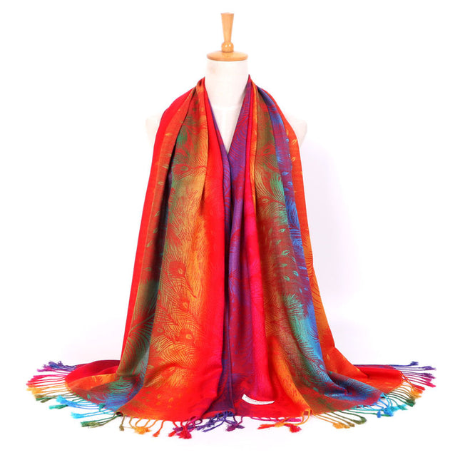 Ethnic Style Women's Vintage Jacquard Scarf Jacquard Cotton Feather Travel Spring and Autumn Long Shawl Warm Air Conditioning D01