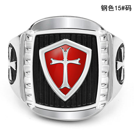 New jewelry European and American fashion retro Crusader oil drop red cross men's personality stainless steel ring