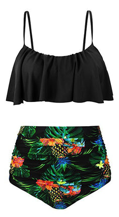 2022 European and American Foreign Trade Swimsuit Split High Waist bikini Striped Printed off-shoulder Ruffled Tube Top bikini