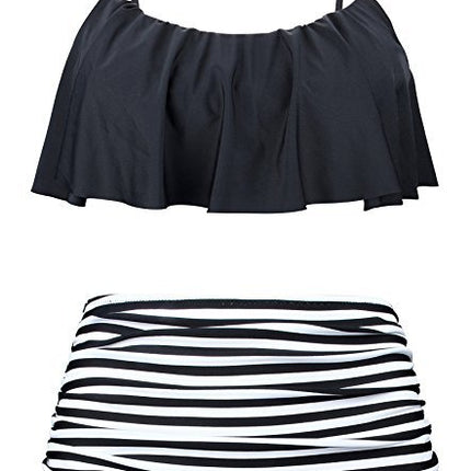 2022 European and American Foreign Trade Swimsuit Split High Waist bikini Striped Printed off-shoulder Ruffled Tube Top bikini