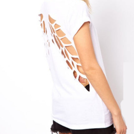 Amazon Back Burning Flower Laser Carving Hollow Angel Wings Black Round Neck Short Sleeve Women's T-shirt for Foreign Trade